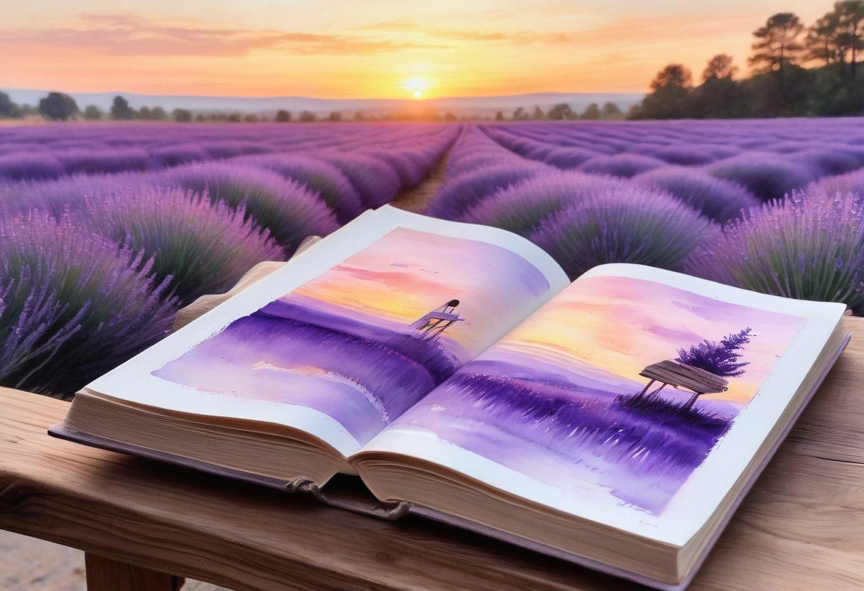 A serene landscape featuring a delicate lavender field under a soft sunset, with an open book resting on a wooden bench, pages gently flipping in the breeze. Silhouettes of a couple in the distance sharing a tender moment, encapsulating love and devotion. Gentle watercolor tones brought to life with ethereal lighting. dreamy aesthetic. vibrant colors. painting.