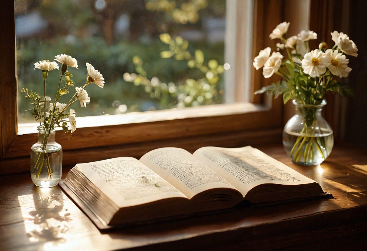 An open vintage book on a wooden table, its pages fluttering softly in a warm breeze. Ethereal illustrations of classic romantic poets like Keats and Byron decorate the margins, while delicate floral arrangements surround the book, symbolizing love and connection. Soft, warm sunlight streams through a nearby window, casting a golden hue on the scene, inviting the viewer to explore the world of romantic poetry. super-realistic. warm tones. soft focus.