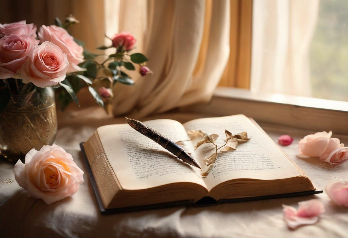 A close-up of a quill pen delicately resting on an open vintage book filled with handwritten love poems, surrounded by soft petals of roses. In the background, a warm golden light filters through sheer curtains, casting gentle shadows. A hint of ink pots and a cup of tea can be seen, embodying a serene poetic atmosphere. romantic, soft lighting, super-realistic.